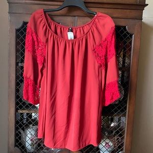 Brand new with tags Red blouse with floral lace and bell sleeves - size medium